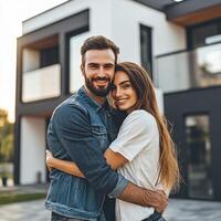 Smiling couple embraces in front of modern house during sunset photo