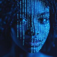 Woman with digital binary code projection on her face in a futuristic setting photo