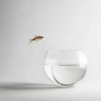 Goldfish leaps from bowl in a minimalist setting showcasing elegance and freedom photo