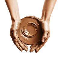 Hands holding a round bowl of smooth clay highlighting craftsmanship and artistic expression photo