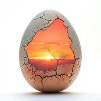 Cracked egg revealing a vibrant sunset backdrop with a solitary tree in the horizon photo