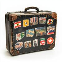 Vintage travel suitcase covered in destination stickers showcasing global adventures and journeys photo