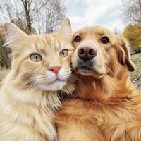 Two furry friends enjoying a moment together in a park during a cloudy autumn day photo