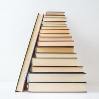 Stacked books form a staircase pattern showcasing various sizes and colors on a clean white background photo