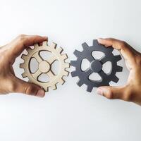 Two hands holding contrasting gears representing collaboration and innovation in a modern workspace photo