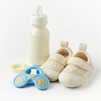 Baby essentials include soft shoes, feeding bottle, pacifier, and teething ring on light background photo