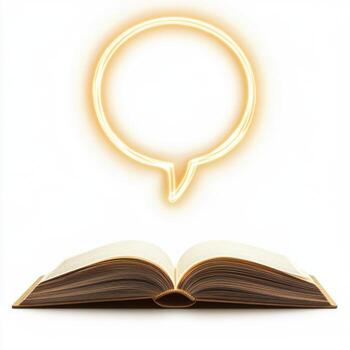 Open book with glowing speech bubble above, symbolizing conversation and knowledge sharing photo