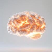 Brain glowing with bright energy, showcasing intricate details and textures in a surreal manner against a light background photo