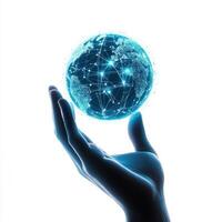 Digital globe in glowing hand representing global connectivity and technology innovation in futuristic design photo