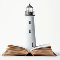 Lighthouse emerging from an open book to symbolize knowledge and guidance in a creative environment photo