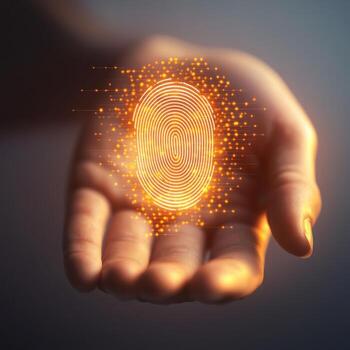 Hand holding a glowing fingerprint representation against a dark background illustrating biometric technology concepts photo