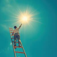 Reaching for the sun from a wooden ladder on a bright and clear day photo