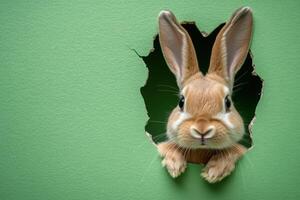 Curious rabbit peeks through a torn green wall discovering a new world photo