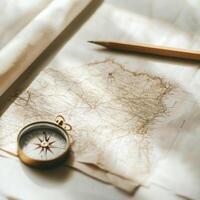 Detailed map with compass and pencil on light surface, ideal for journey planning and exploration photo