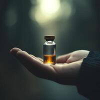Glass vial of amber liquid held in hand against a dark forest background during twilight photo
