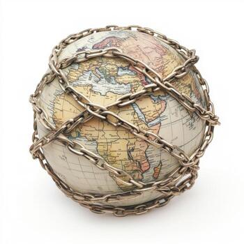 Globe wrapped in chains symbolizes restriction and global challenges in modern society photo