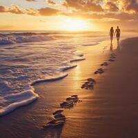 Couple walking barefoot on a beach at sunset leaving footprints in the sand photo