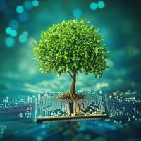 Green tree growing from circuit board symbolizes harmony between nature and technology photo