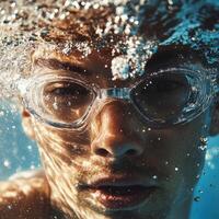 Swimmer focuses underwater while wearing clear goggles, surrounded by bubbles and light reflections in a pool setting photo