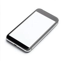 Modern smartphone with blank screen placed on a white surface ready for use in various applications and activities photo
