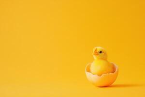 Newly hatched chick emerging from its eggshell on a bright yellow background photo