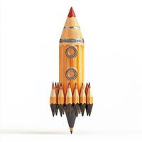 Creative pencil rocket model showcasing innovative design and artistic imagination in a minimalistic setting photo