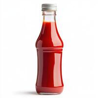 Classic glass bottle of tomato ketchup with a silver cap on a plain background photo