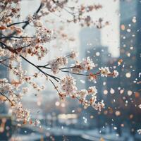 Blossoming cherry tree branches glimmer in the sunlight against a city backdrop during spring photo