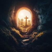 Sunlight illuminating crosses in a cave at dawn, symbolizing hope and renewal in a serene landscape photo