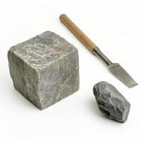 Stone carving tools with a chisel and blocks of stone ready for sculpting in a creative workspace photo