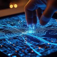 Digital map exploration with a hand manipulating a 3D city model in a futuristic setting photo
