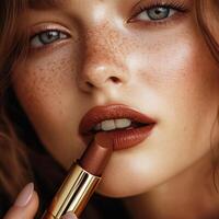 Close-up of a woman applying lipstick in a natural lighting setup showcasing flawless skin and stylish makeup details photo