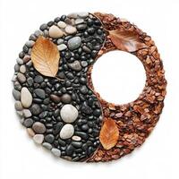 Balanced design featuring stones and dried leaves in yin yang symbol representing harmony and nature photo