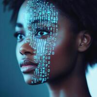 Digital transformation visualized with a woman's face embedded with data patterns in an artistic representation photo
