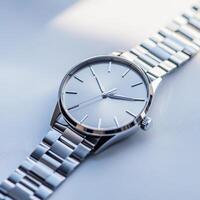 Sleek silver watch with minimalist design displayed on a soft surface in bright natural light photo