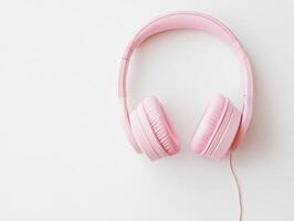Stylish pink headphones placed on a clean white surface perfect for music lovers and audiophiles photo