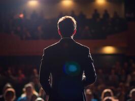 Engaging speaker captivates audience in a well-lit auditorium during a motivational event photo