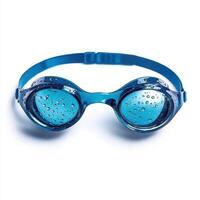 Blue swimming goggles with water droplets on the lenses placed on a white surface after a swim photo