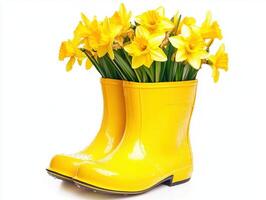 Bright yellow rain boots filled with cheerful daffodils create a vibrant decorative arrangement indoors or outdoors photo