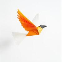 Colorful origami bird in mid-flight showcasing intricate paper folding techniques and vibrant hues photo