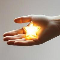 Hand holding a glowing star shape, symbolizing hope and inspiration in a minimalist setting photo