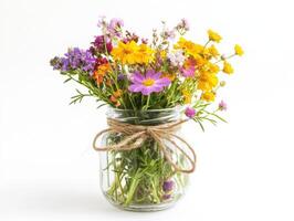 Bright mixed wildflowers in a glass jar tied with string on a light background photo