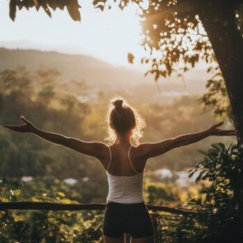 puesta de sol ver desde un ladera con un mujer abrazando naturaleza y tranquilidad en un sereno paisaje foto