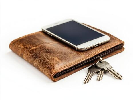 Wallet with keys and smartphone resting on top, illustrating daily essentials for modern living photo
