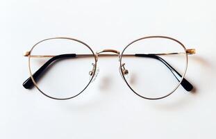 Stylish round metal glasses placed on a clean white surface showcasing unique design and craftsmanship photo