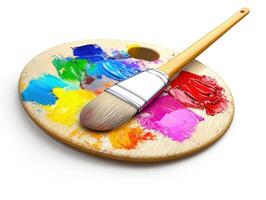 Colorful artist palette with paint brush showing vibrant hues of acrylic paint in a creative workspace photo