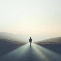 Person walking alone on a deserted road surrounded by fog at dawn photo