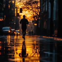 Runner experiences sunrise jog on reflective urban street with glowing sky at dawn photo