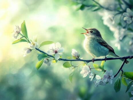 pequeño pájaro canto en un floreciente rama durante primavera en un sereno jardín foto