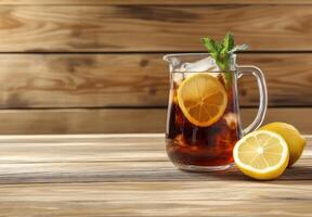 Refreshing iced tea with lemon served in a glass pitcher on wooden table photo